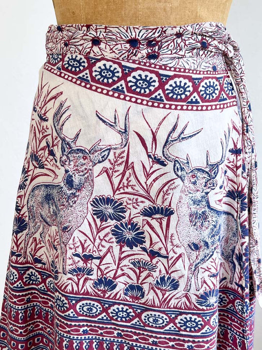 Vintage 1970s Indian Wrap Skirt - Creepy-Cute STAG Novelty Print Deer Cream Wine Navy Size XS to L