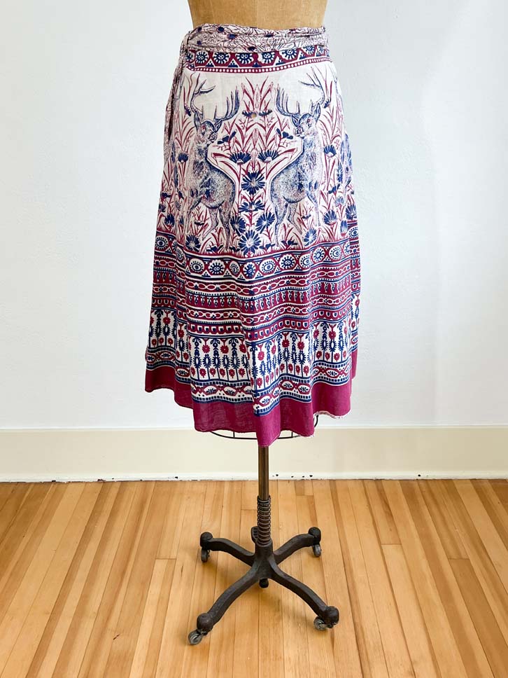 Vintage 1970s Indian Wrap Skirt - Creepy-Cute STAG Novelty Print Deer Cream Wine Navy Size XS to L