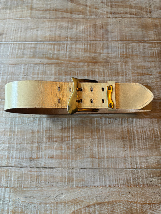 BELTOPIA! Vintage 1950s Wide Belt - Wide French Ivory Leather + Brass Joyce Lane Belt Size S