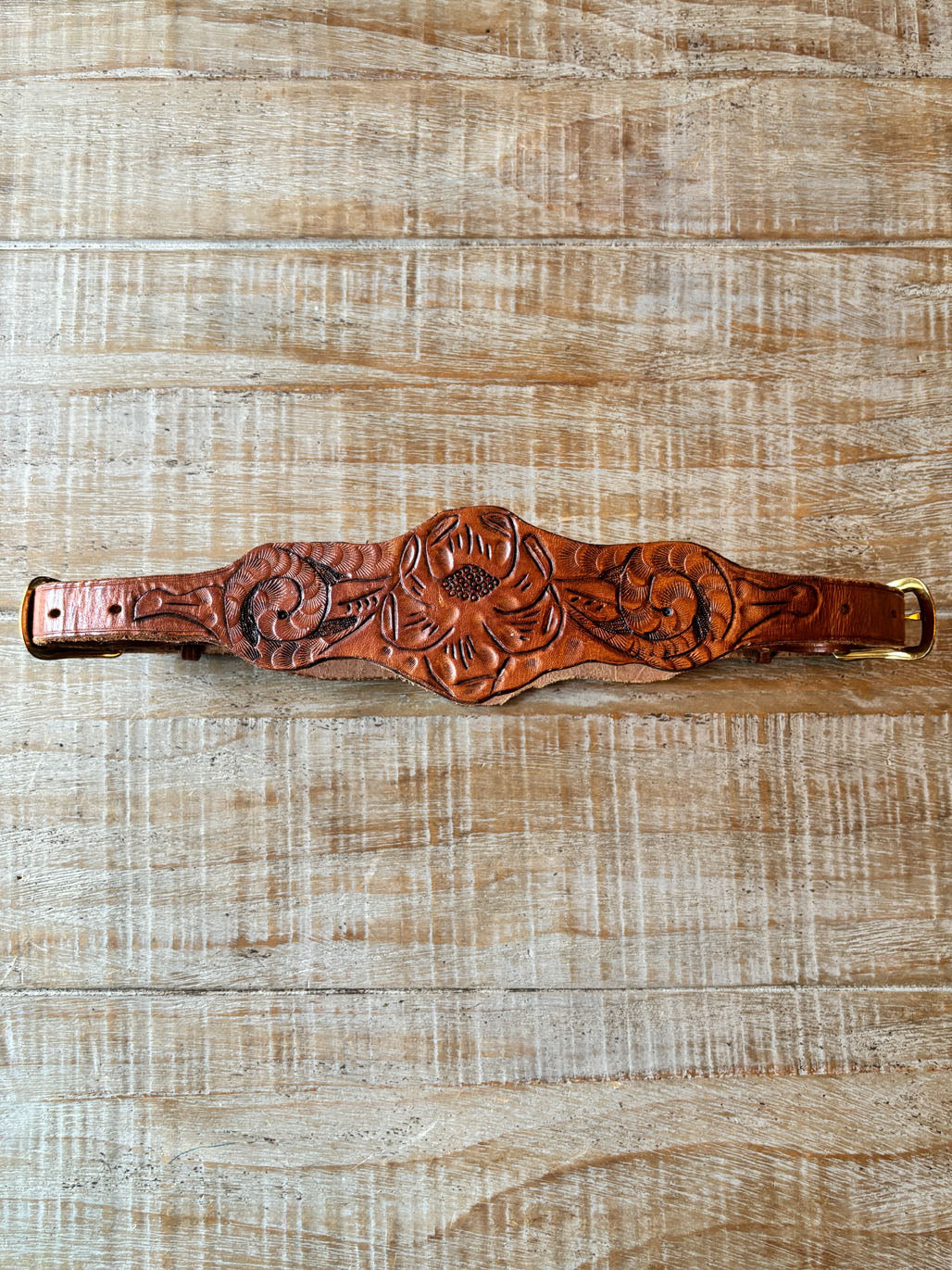 BELTOPIA! Vintage 1940s - 1950s Tooled Western Kidney Belt - Tan Rose + Rare Double Brass Buckle Cincher Size XS to M