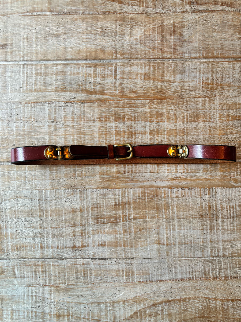 BELTOPIA! Vintage 1950s Double-Hinge Belt - Whiskey Leather + Brass Slim Cincher Size S to M