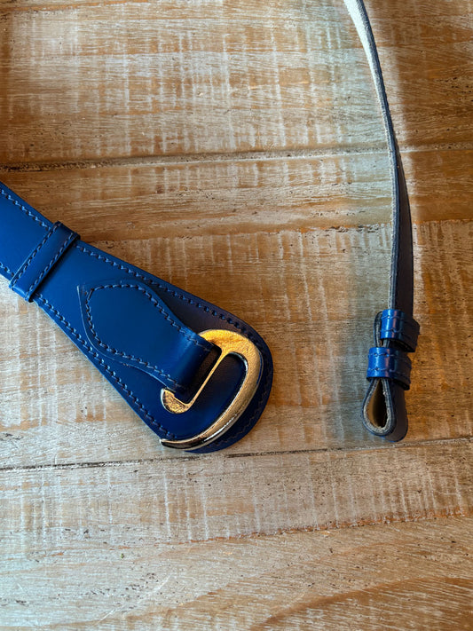 BELTOPIA! Vintage 1950s Cobalt Blue Belt - Wide Leather Calderon Cincher w Wicked Silver C-Hook Hardware Size M to L