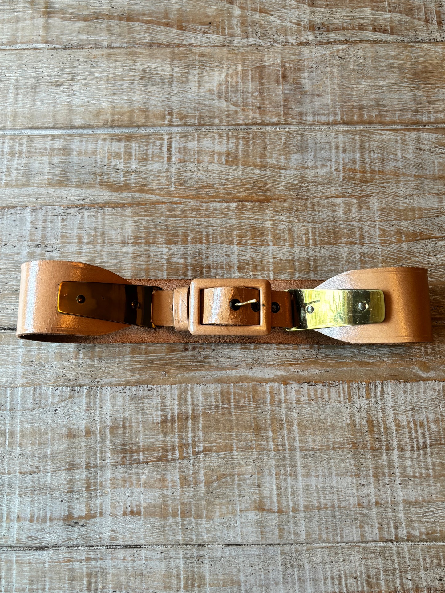 BELTOPIA! Vintage 1950s Caramel Belt - Wide Leather "Champion" Cincher w Brass Plates/Buckle Size XS