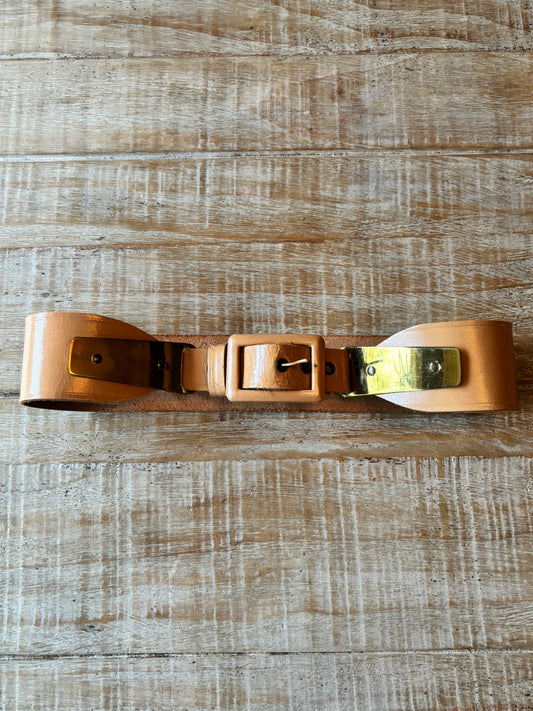 BELTOPIA! Vintage 1950s Caramel Belt - Wide Leather "Champion" Cincher w Brass Plates/Buckle Size XS