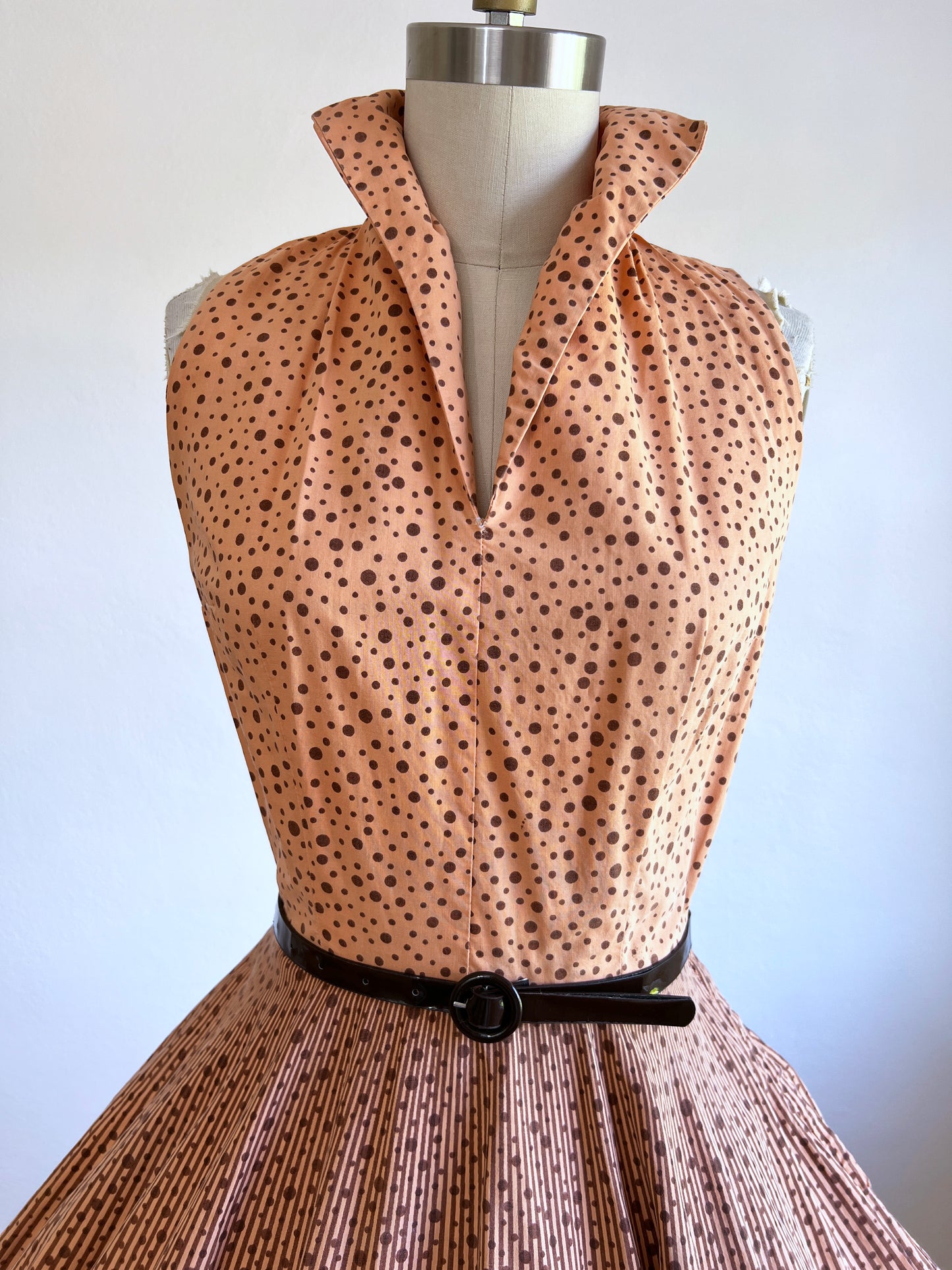 Vintage 1950s Dress - AMAZING Polka Dot + Graphic Stripe Peach & Cocoa Cotton Circle Skirt Sundress Size S