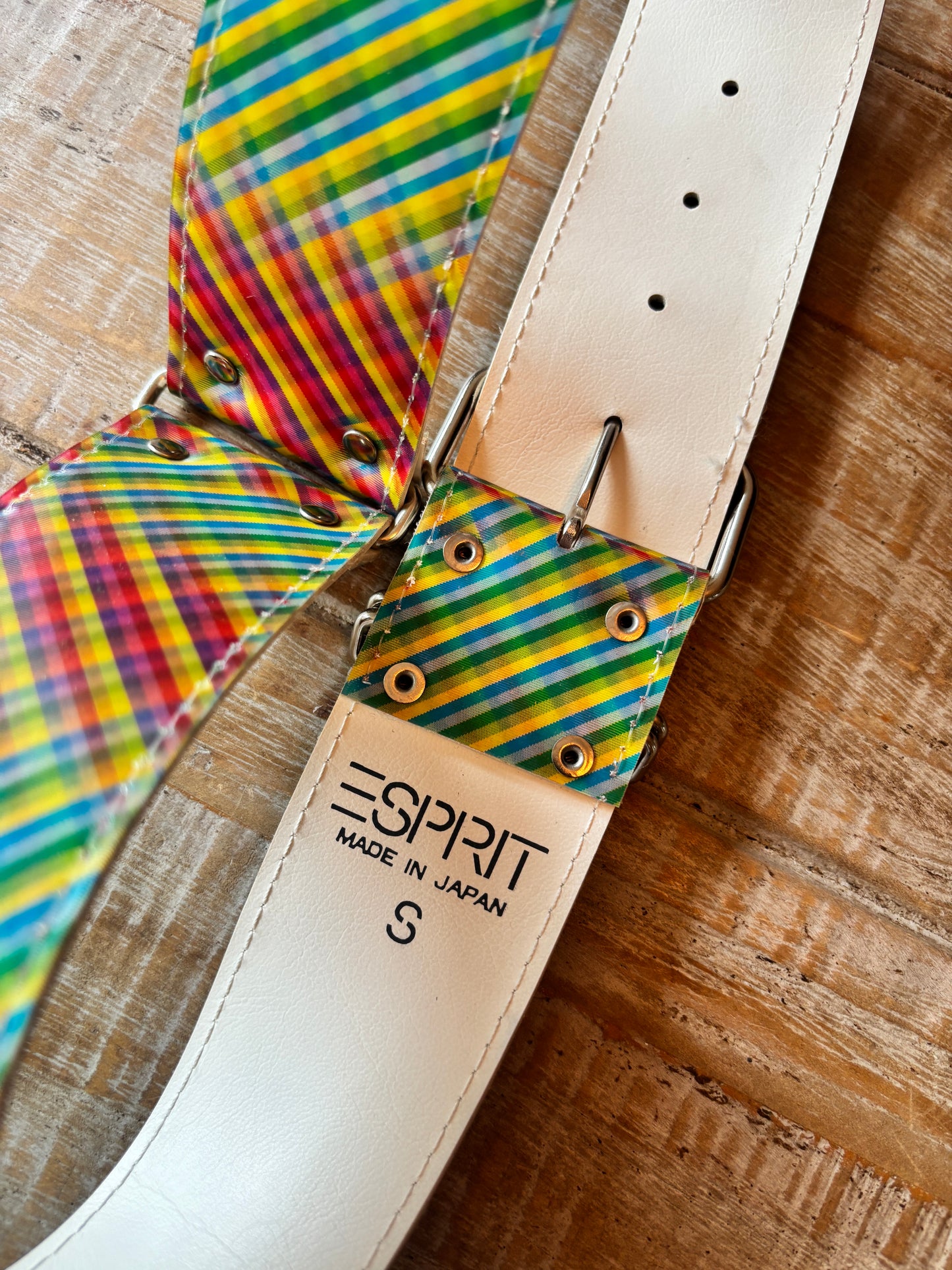 BELTOPIA! Vintage 1980s Esprit Belt - RARE Made in Japan Plaid Vinyl Lenticular Street Style Wide Cincher Size S