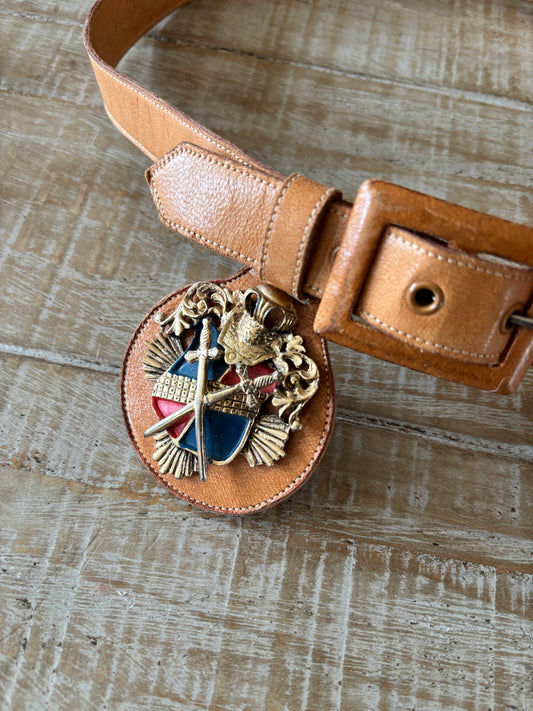 BELTOPIA! Vintage 1950s Caramel Belt - Heraldic Coat of Arms Fob! Leather "Schaffer" Medieval Vibes Size S to M