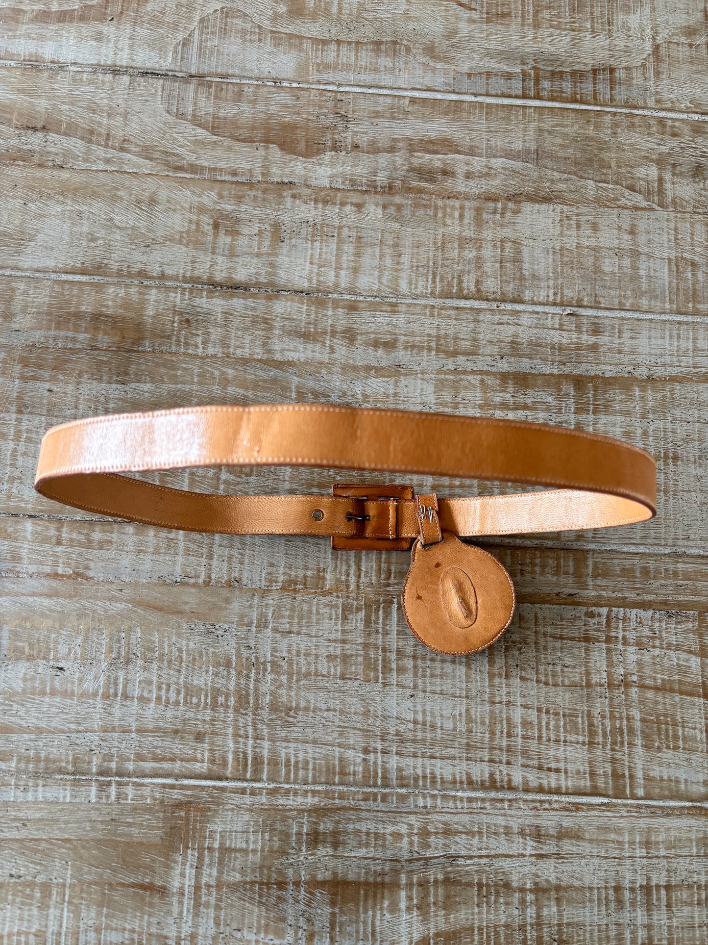 BELTOPIA! Vintage 1950s Caramel Belt - Heraldic Coat of Arms Fob! Leather "Schaffer" Medieval Vibes Size S to M