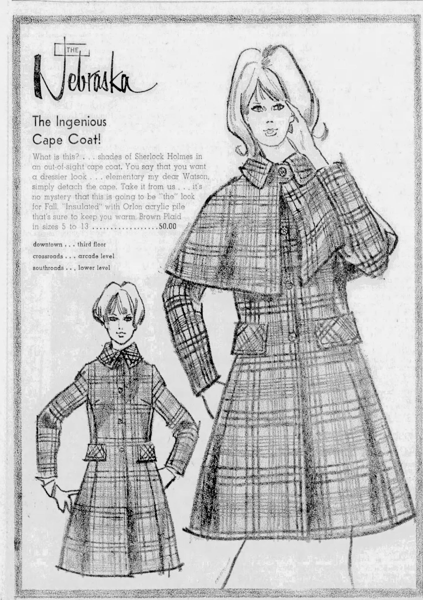 Vintage 1960s Designer Coat w Cape - RARE Sherlock Holmes Black Red Houndstooth Plaid Wool + Large Cloak Coat Size S to M