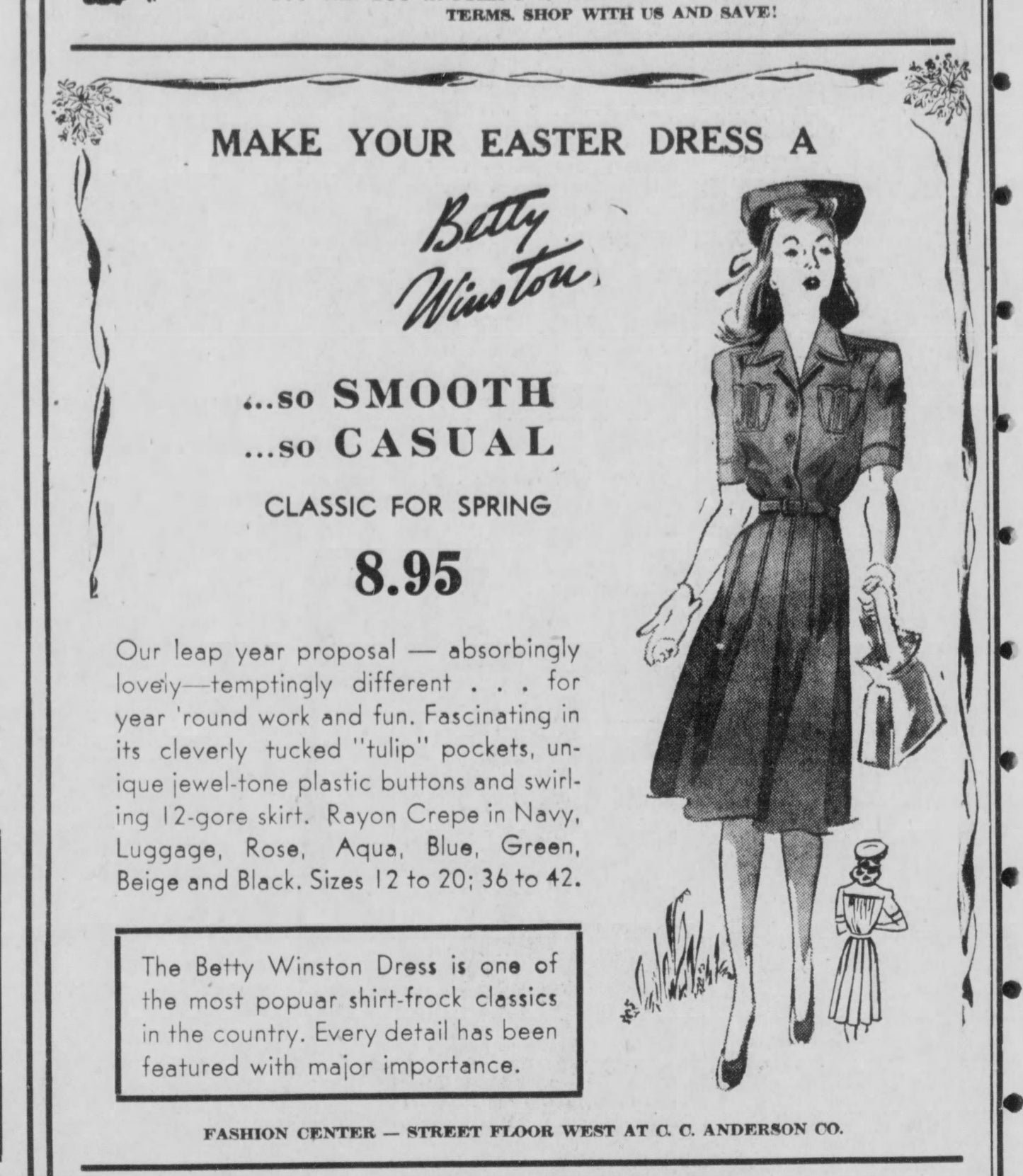 Vintage 1940s Dress - Documented WWII 1945 Betty Winston Black Tulip Pocket Rayon "Shirtfrock" Size L to XL