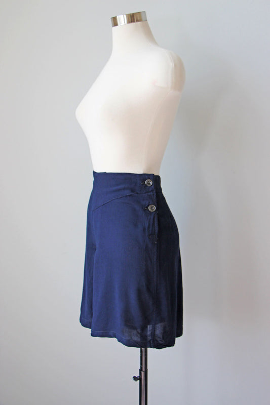 Vintage 1940s to 1950s British Navy WRENS Rayon Side Button High Waist Split Skirt Shorts RARE Size XS to L