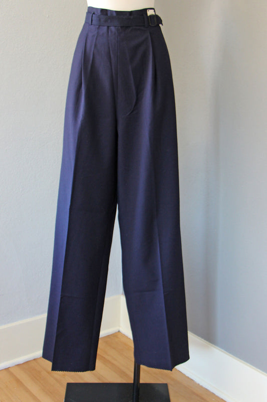 1940s RARE Navy Wool Slacks - Vintage 40s Deadstock Wide Leg Women's Side Zip Sharp Military Twill Trousers Belted WAVES - Choose Your Size!