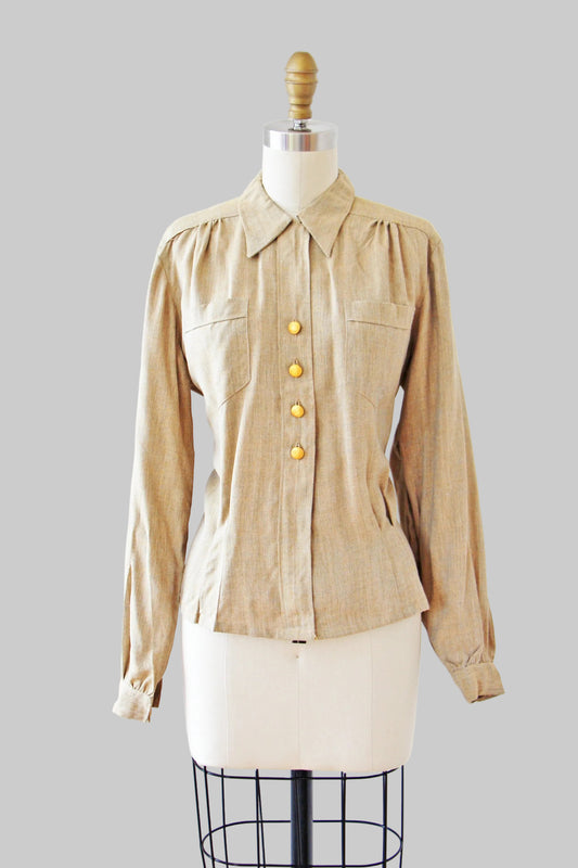 Vintage 1940s Deadstock Rayon Blouse - RARE Swedish Army Military Button-Loop w Crown Gilt Buttons - Size Med to XL