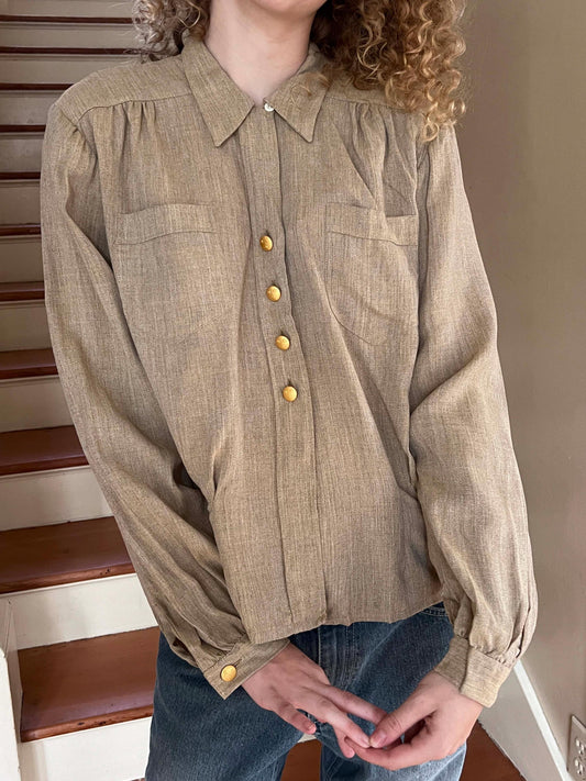 Vintage 1940s Deadstock Rayon Blouse - RARE Swedish Army Military Button-Loop w Crown Gilt Buttons - Size Med to XL