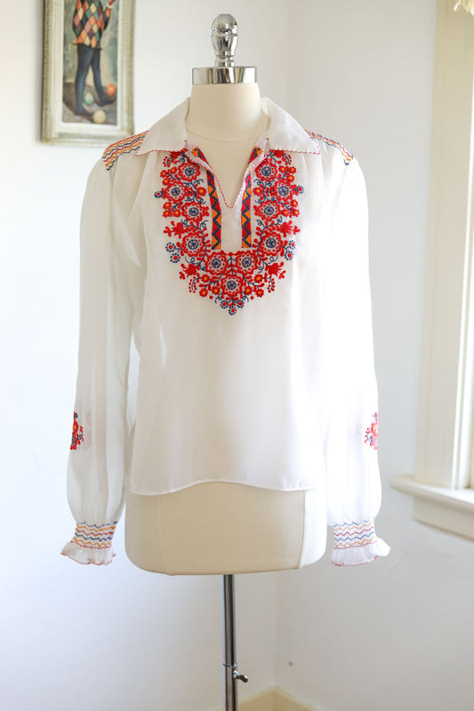 Vintage 1970s Blouse - Hungarian Embroidered + Smocked Sheer Folkloric Top Size M to L