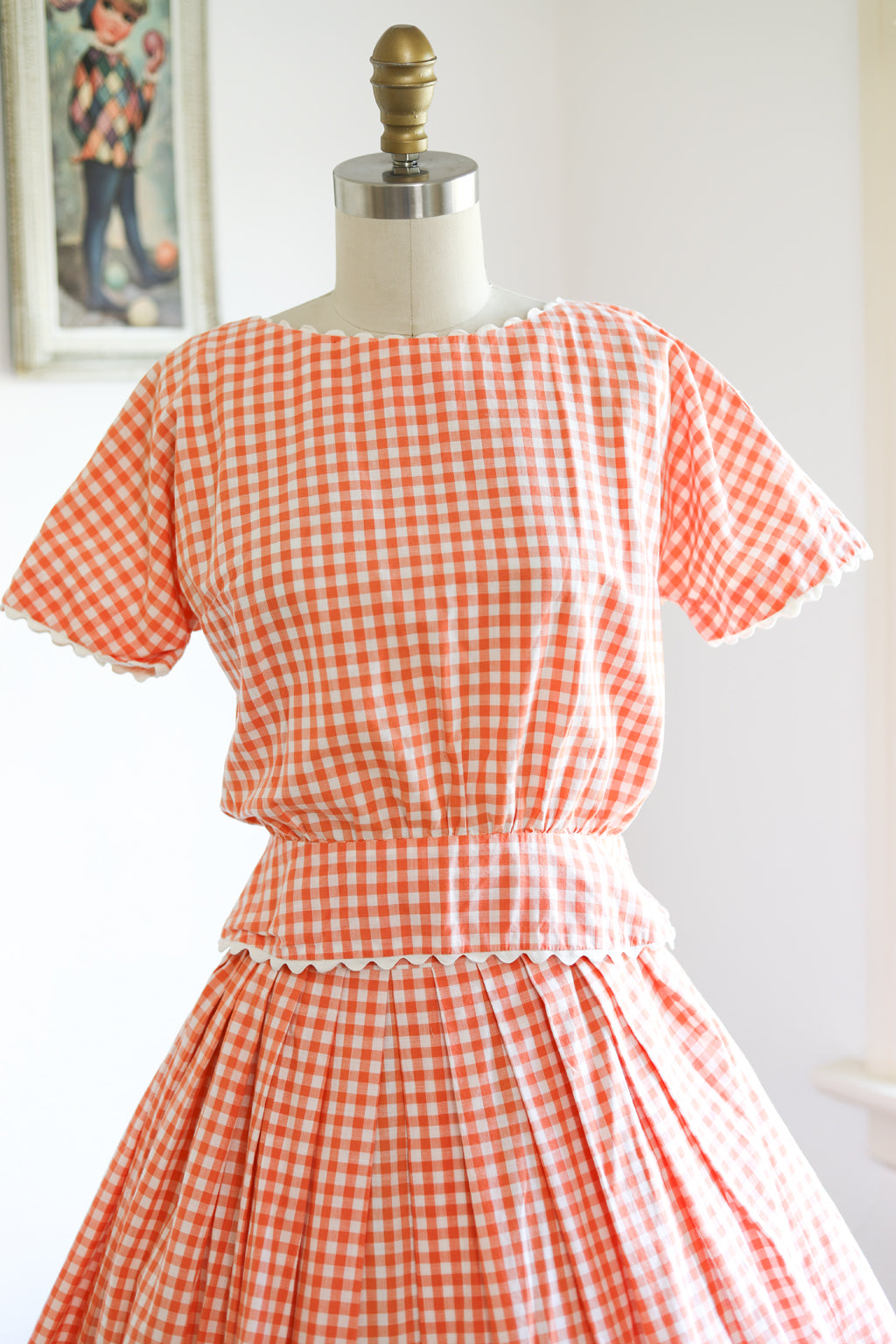 Vintage 1960s Dress Set - Pumpkin Gingham Cotton Blouse + Matching Skirt Size XS to S