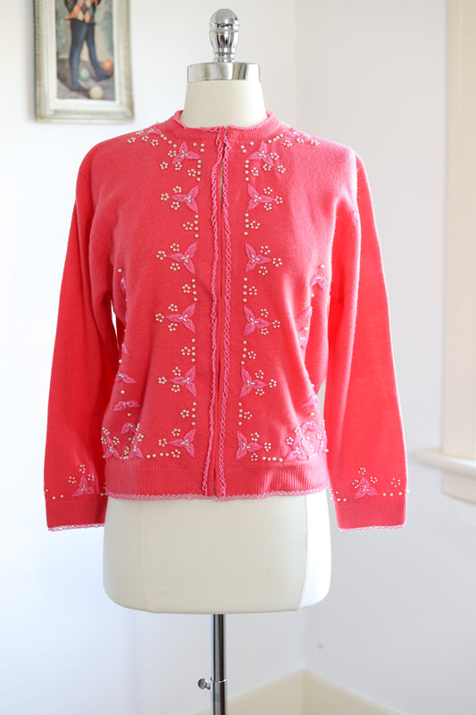 Vintage 1950s to 1960s Beaded + Pearl Sweater - Bright Bubble Gum Pink Cardigan Size M to L
