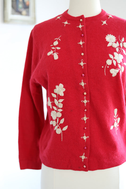 Vintage 1950s to 1960s Hand Embroidered Sweater - Deep Rose Pink Wool Cardigan w Flowers Size L