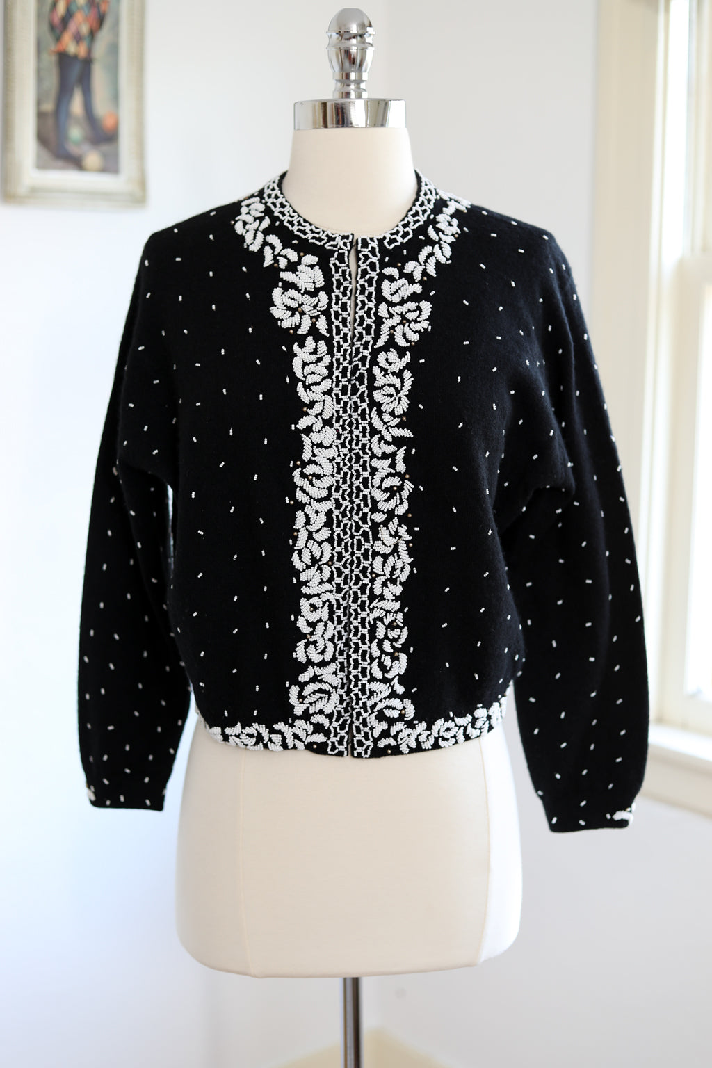 Vintage 1950s to 1960s Beaded Sweater - Gorgeous Black White Lambswool or Cashmere Cardigan w Metal Studs Size M to L
