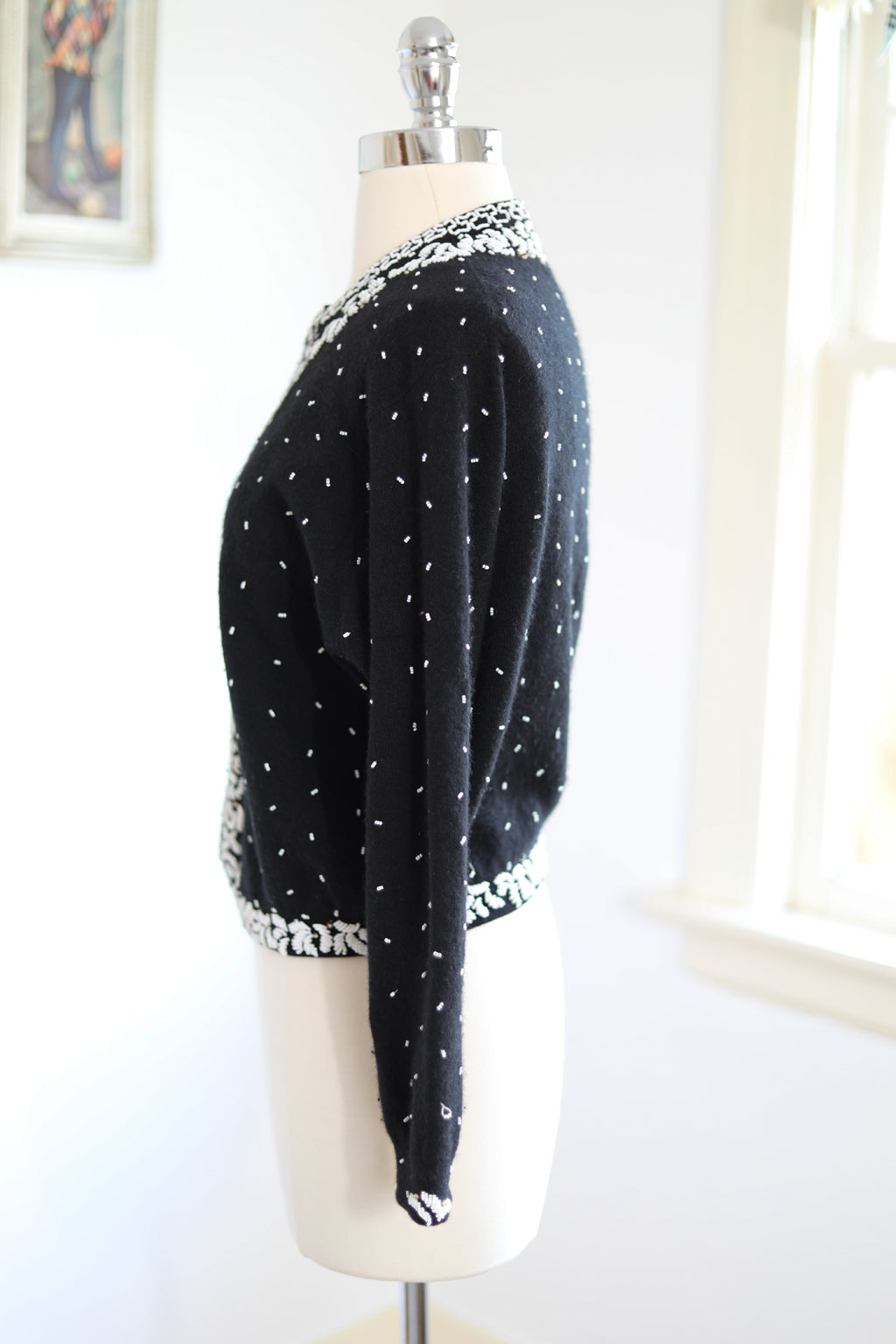 Vintage 1950s to 1960s Beaded Sweater - Gorgeous Black White Lambswool or Cashmere Cardigan w Metal Studs Size M to L
