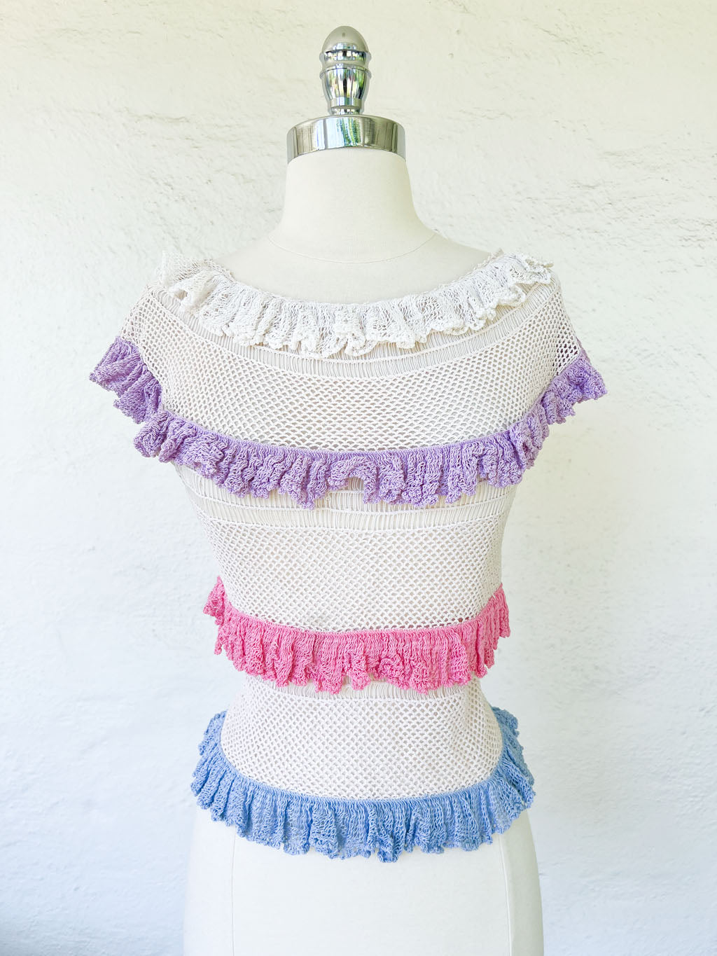Vintage 1970s does 1930s Hand Knit Crochet Fishnet Blouse in Unicorn Pastels! Size XS to S