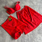 ca. Late 1950s, Early 1960s Deadstock Bra, Powernet Shaper Girdle Panties + Slip Lingerie Set - Fire Red Pointy Bra, Garter Panties, Slip Size 34B