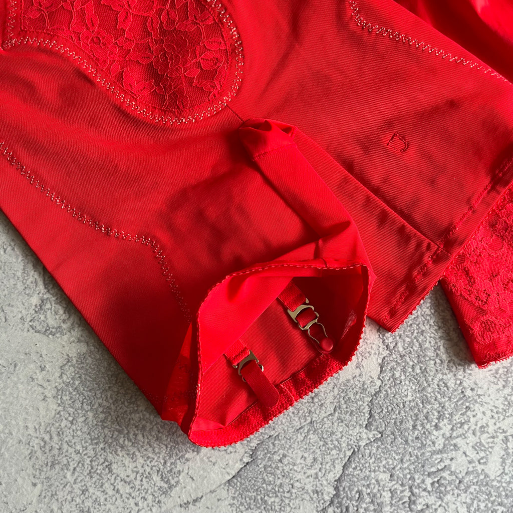 ca. Late 1950s, Early 1960s Deadstock Bra, Powernet Shaper Girdle Panties +  Slip Lingerie Set - Fire Red Pointy Bra, Garter Panties, Slip Size 34B