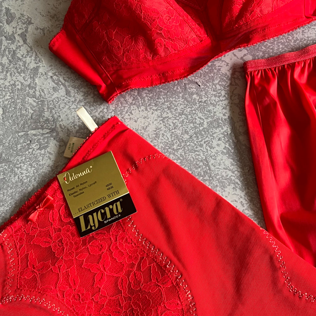 ca. Late 1950s, Early 1960s Deadstock Bra, Powernet Shaper Girdle Panties +  Slip Lingerie Set - Fire Red Pointy Bra, Garter Panties, Slip Size 34B
