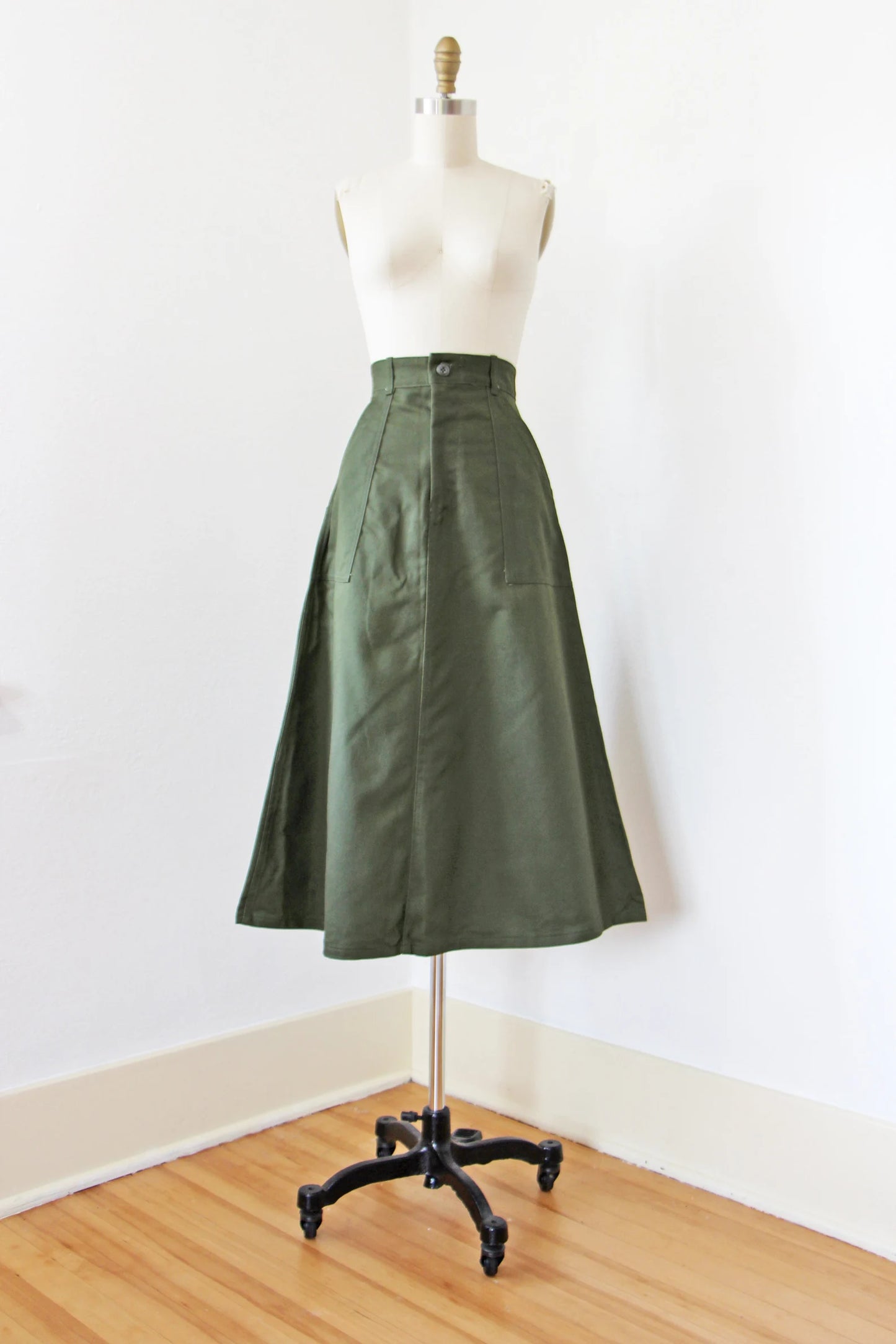 1970s A-line Skirt - Cotton Twill Military Inspired Olive Green Deadstock w Pockets - Choose Yours