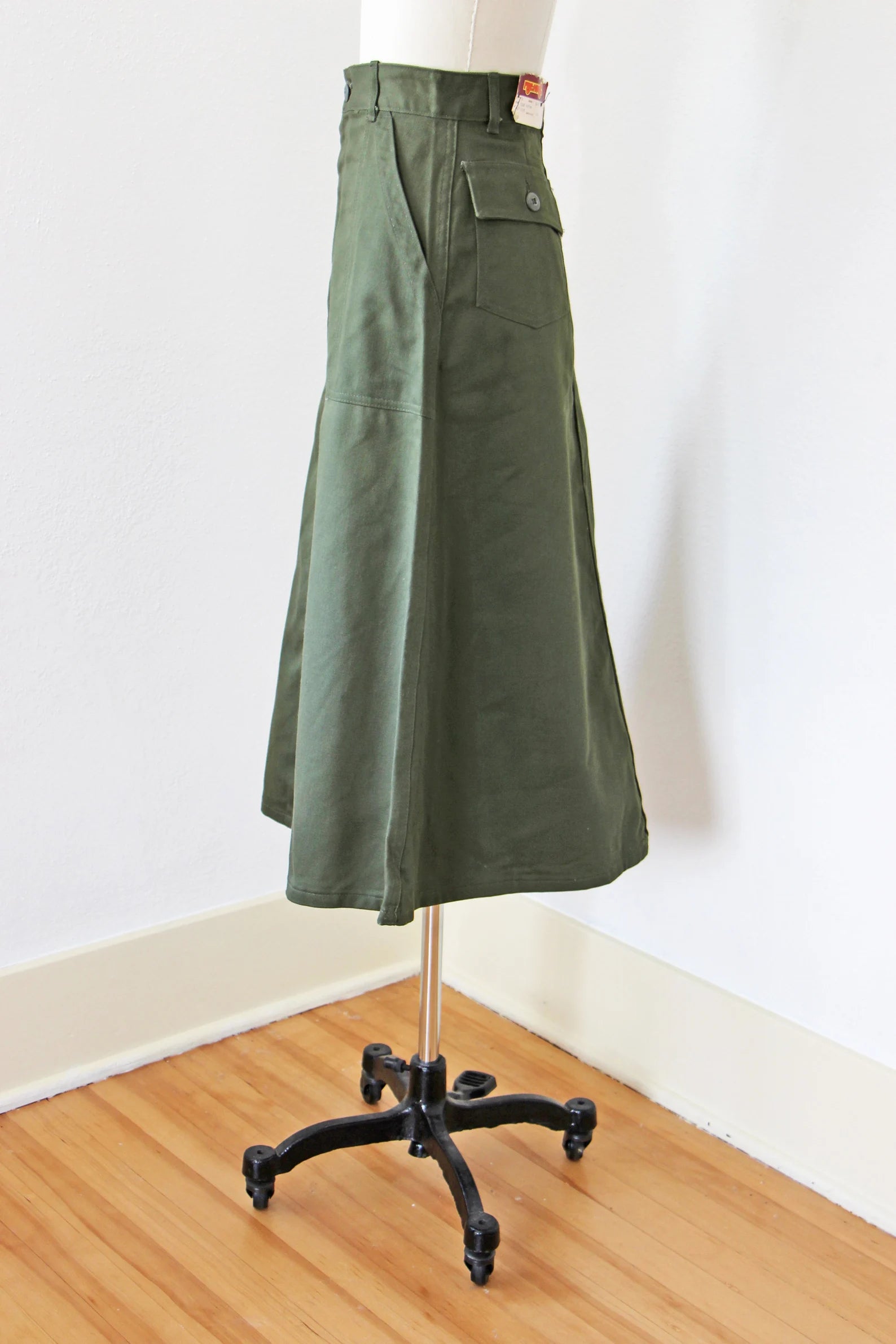 1970s A line Skirt 70s Cotton Twill Military OG 107 Inspired Skirt Olive Green Deadstock w Pockets Pick Your Size