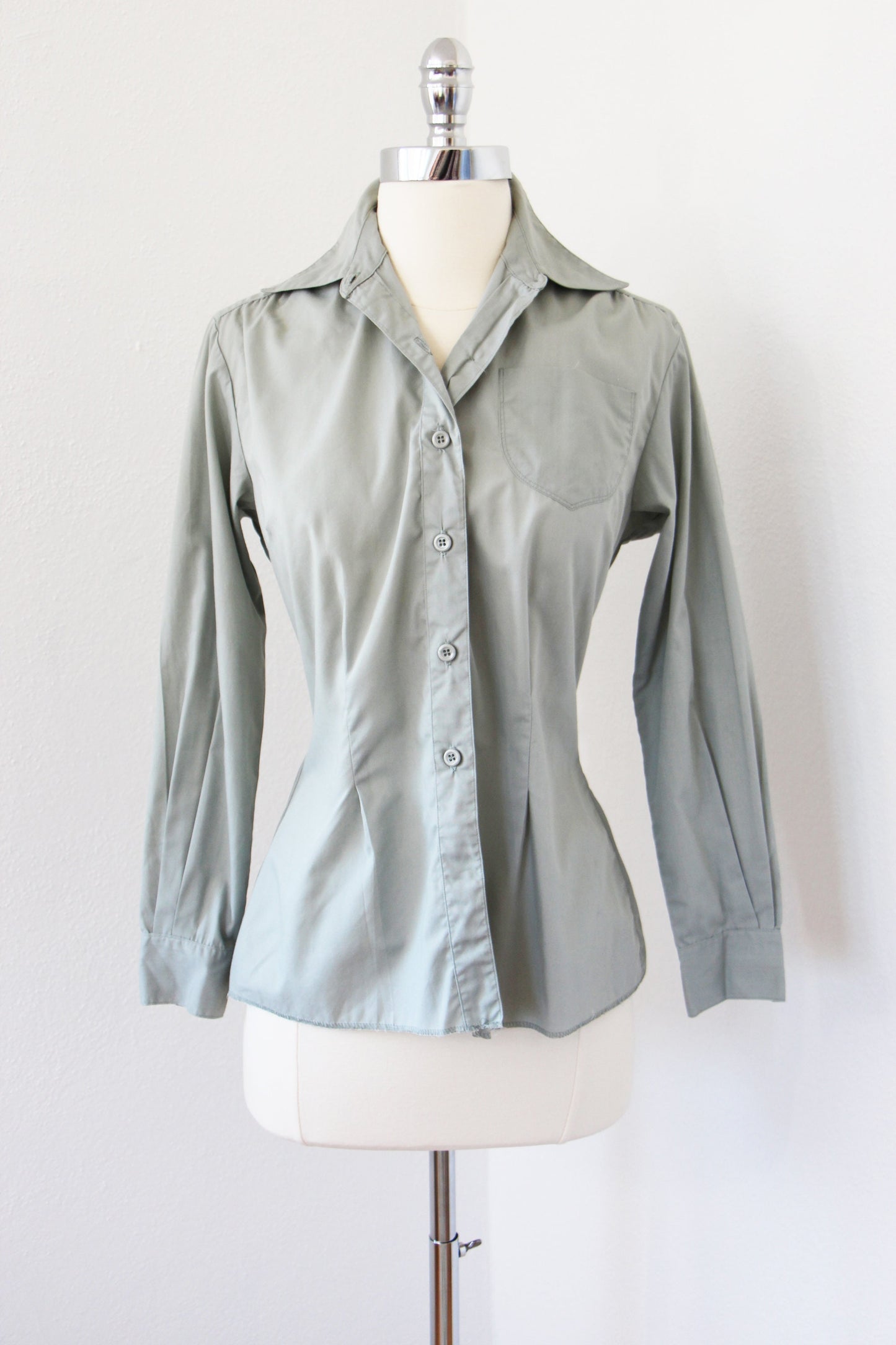 Vintage 1970s Marine Corps Blouse Military USMC Uniform Tapered Cotton Blend Shirt in Pale Misty Green Grey - Choose Your Size