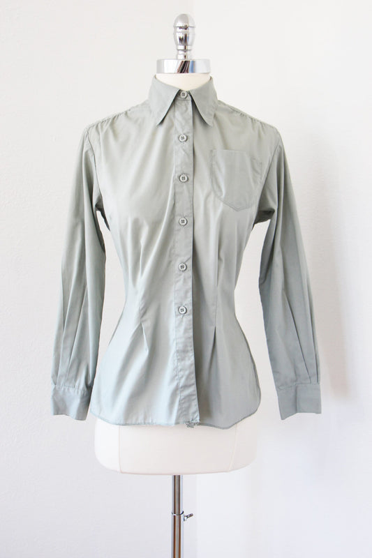 Vintage 1970s Marine Corps Blouse Military USMC Uniform Tapered Cotton Blend Shirt in Pale Misty Green Grey - Choose Your Size