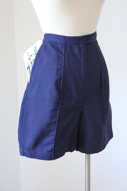 Vintage 1960s NAVY BLUE Deadstock Cotton Sporty Athletic Gym Shorts w High Waist + Pockets! - Choose Your Size