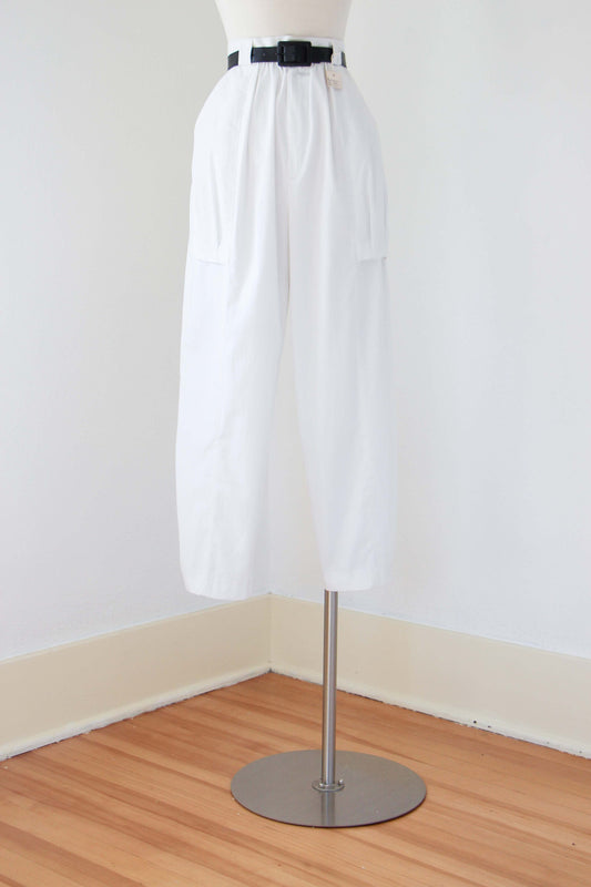 1970s Pants - Vintage 70s to 80s Trousers -  DEADSTOCK High Waisted White Cropped w Optional Pegged Cuffs - Size M/L