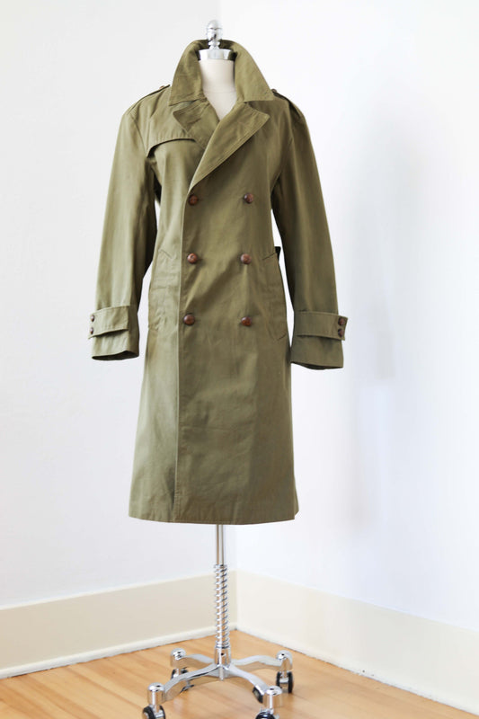 Vintage 1970s Olive Green Cotton Twill Military Spanish Land Army Trench w Lining + Half Belt - Sizes S to XL Choose Your Size