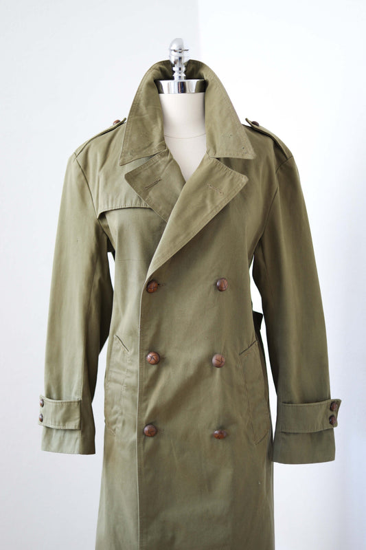 Vintage 1970s Olive Green Cotton Twill Military Spanish Land Army Trench w Lining + Half Belt - Sizes S to XL Choose Your Size
