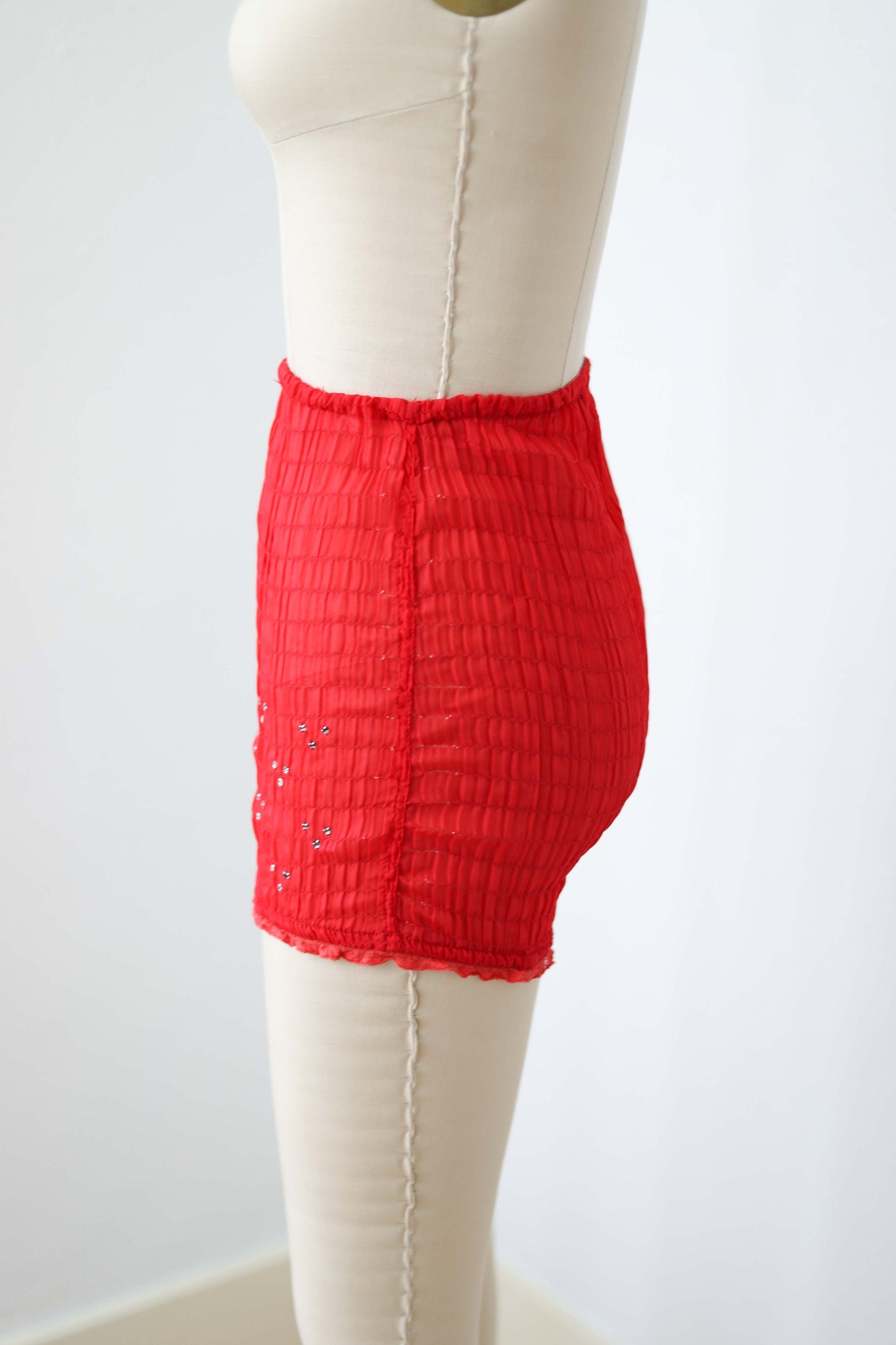 Vintage 1940s Scandalous Red w Rhinestones Shirred Chiffon Bloomer "Gay Baby" by Circe Sheer Nylon Shorts Size XS to S